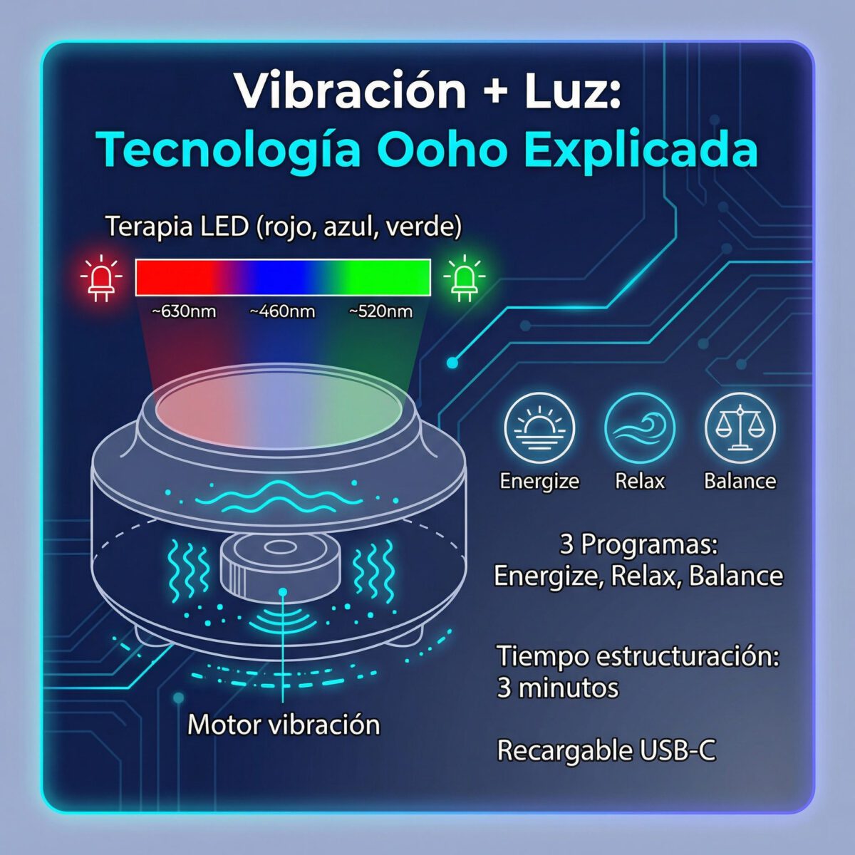 Esquema tecnología Ooho: vibración, terapia LED y programas