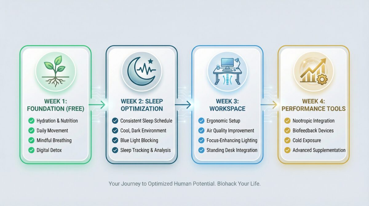 30-day biohacking implementation timeline for busy professionals showing progressive weekly phases