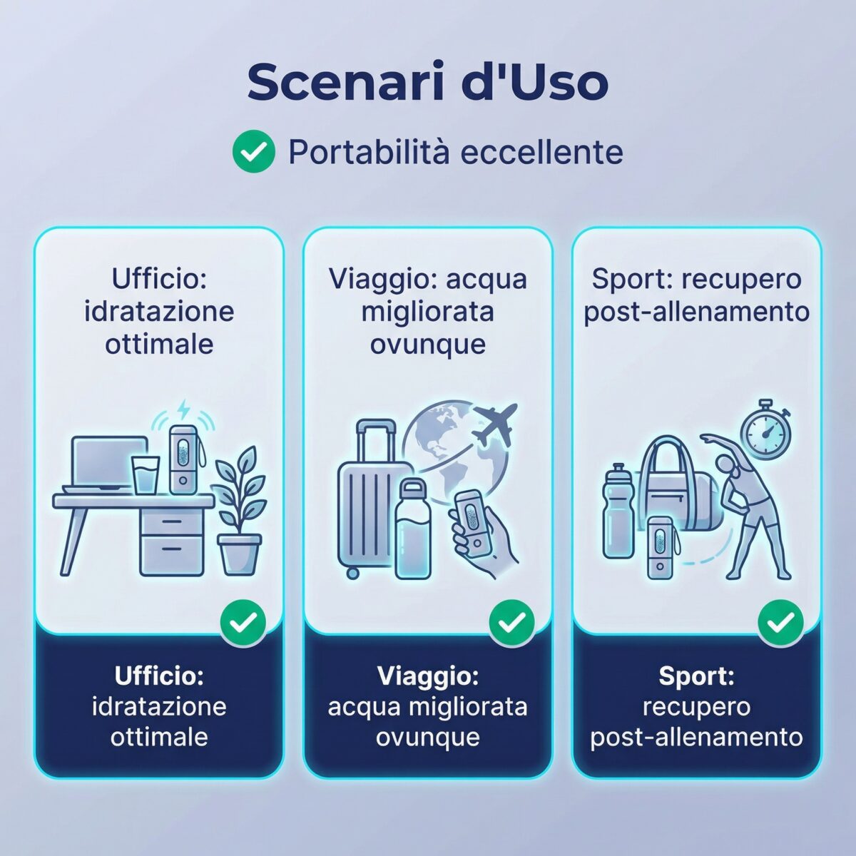 Scenari utilizzo Ooho Portable: ufficio, viaggio e sport