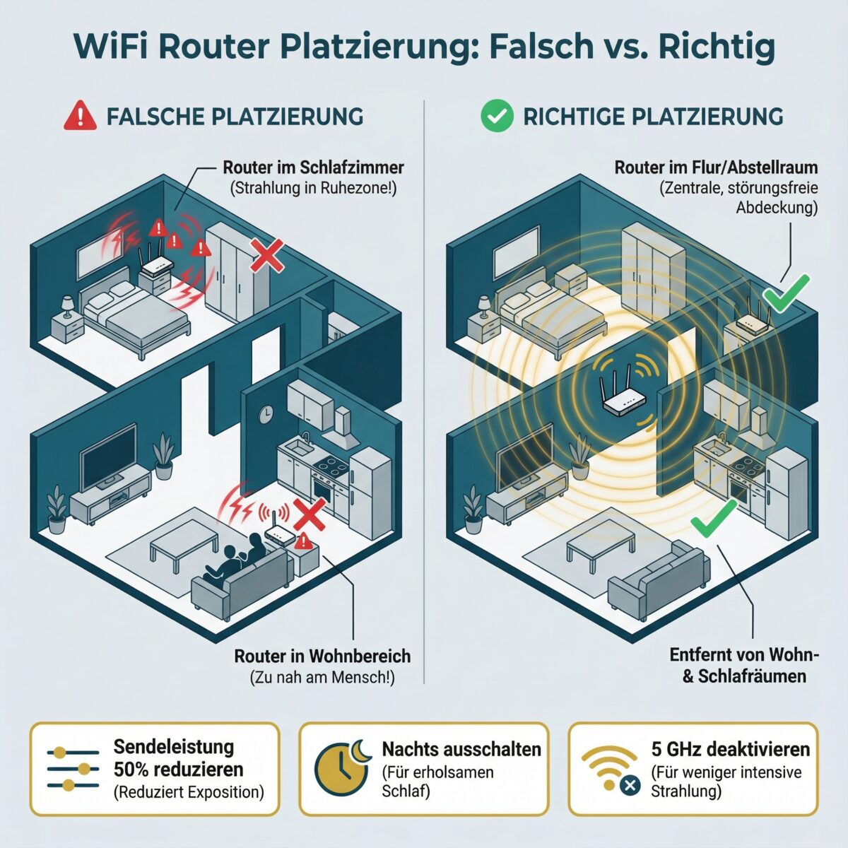 Diagramm zur optimalen WLAN-Router-Platzierung im Zuhause mit richtigen und falschen Positionen sowie Konfigurationstipps