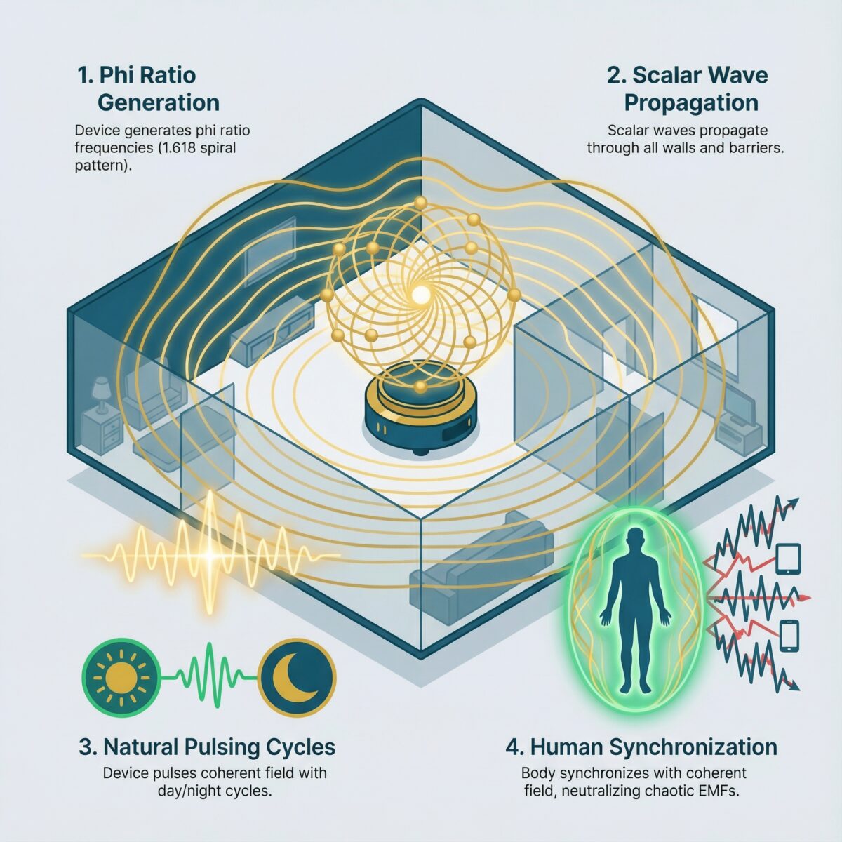 Infographic explaining how Blushield phi ratio scalar wave technology harmonizes EMF exposure in 4 steps