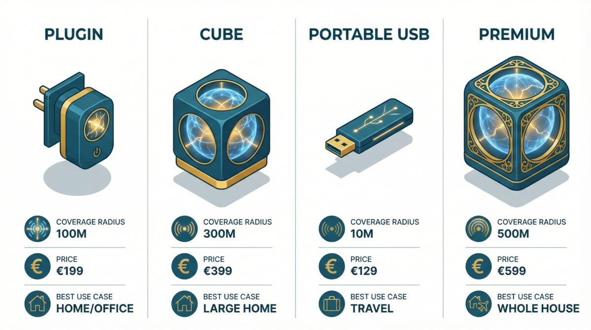 Visual comparison infographic of Blushield Plugin, Cube, Portable and Premium models with coverage and pricing