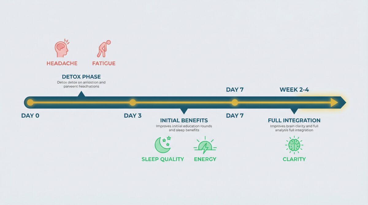 Timeline infographic showing Blushield adjustment period from days 1-30 with detox phase and benefit milestones