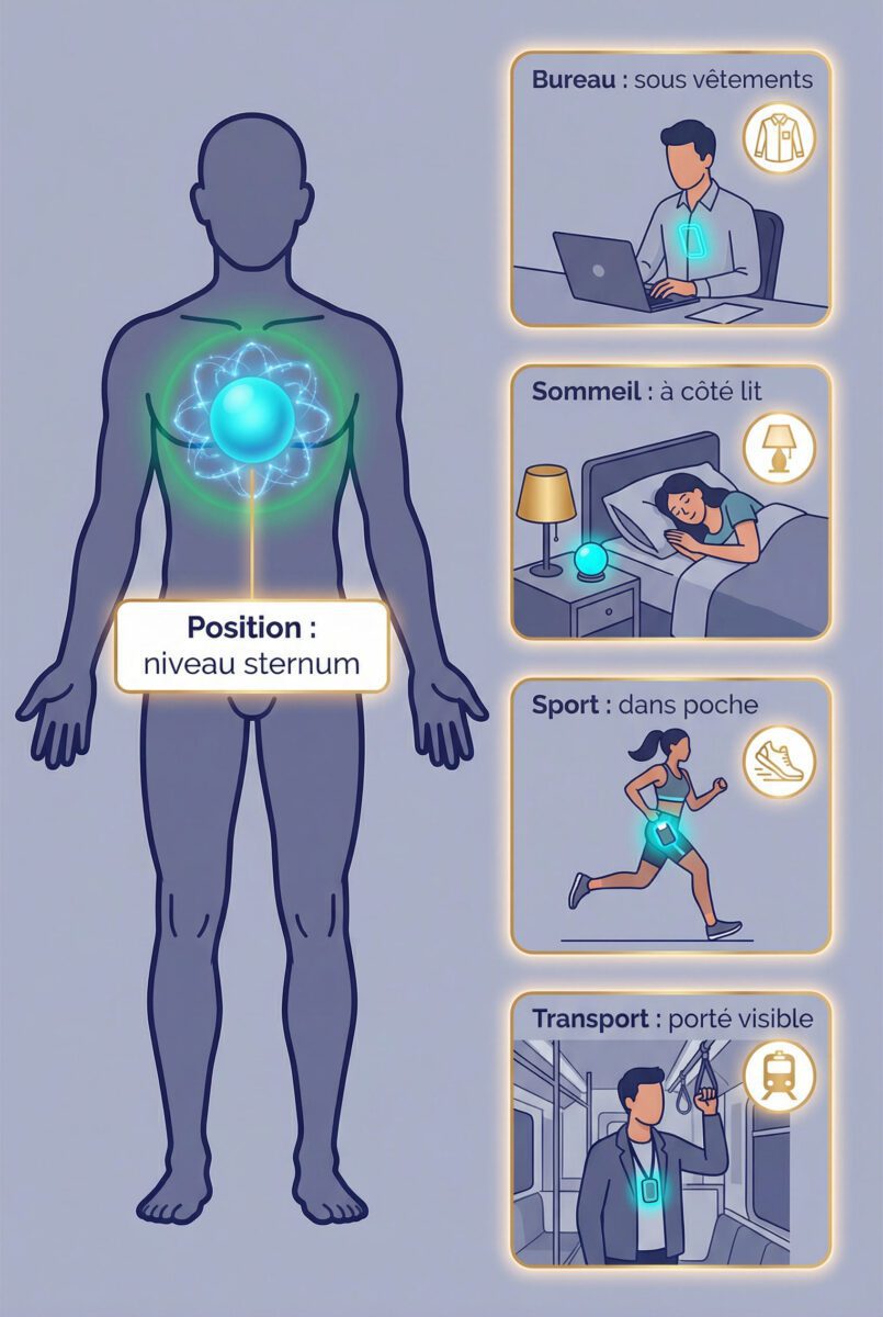 Guide de positionnement optimal du Qi-Shield : au niveau du sternum selon les différents scénarios d'usage