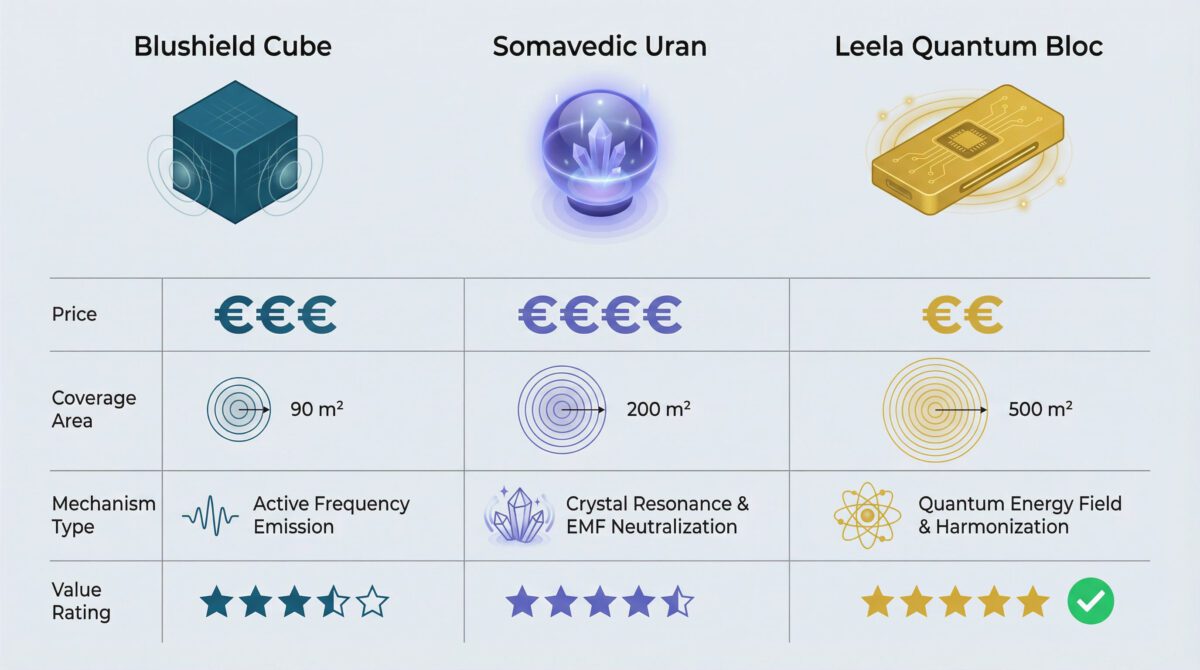 Comparison infographic showing Blushield vs Somavedic vs Leela Quantum Tech devices with pricing and coverage
