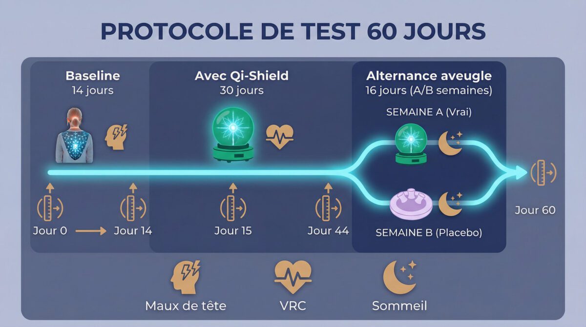 Protocole de test rigoureux sur 60 jours pour Qi-Shield avec phase de test à l'aveugle