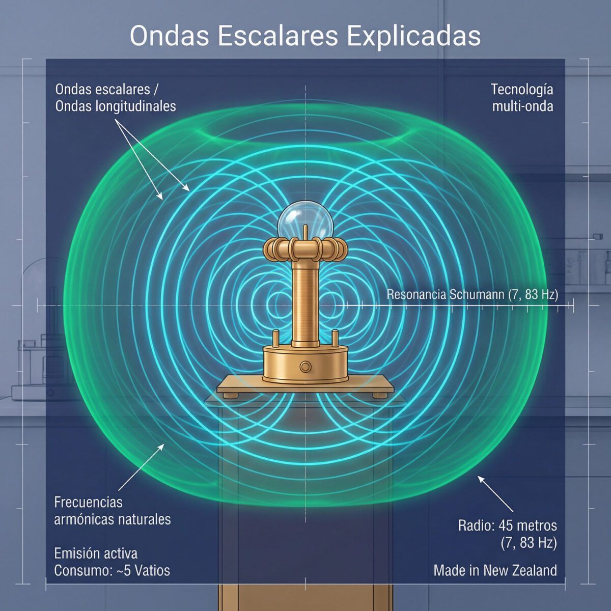 Esquema ondas escalares Blushield Tesla Gold: tecnología multi-frecuencia