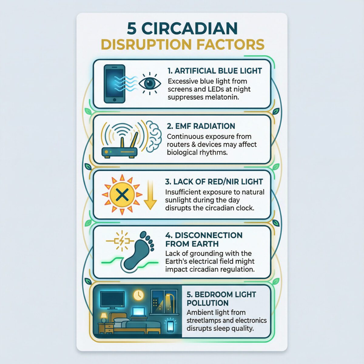 Infographic showing five modern circadian rhythm disruption factors: artificial blue light, EMF exposure, lack of natural red light, disconnection from earth grounding, and poor sleep environment