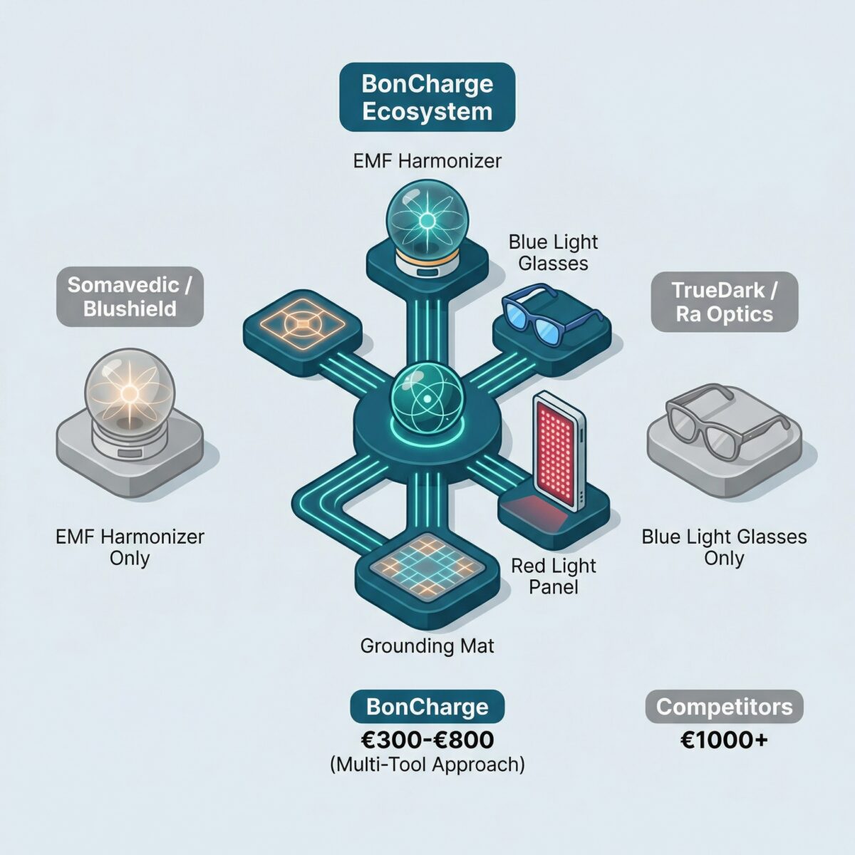 Comparison illustration showing BonCharge's multi-product ecosystem approach versus specialized single-purpose competitor devices with pricing
