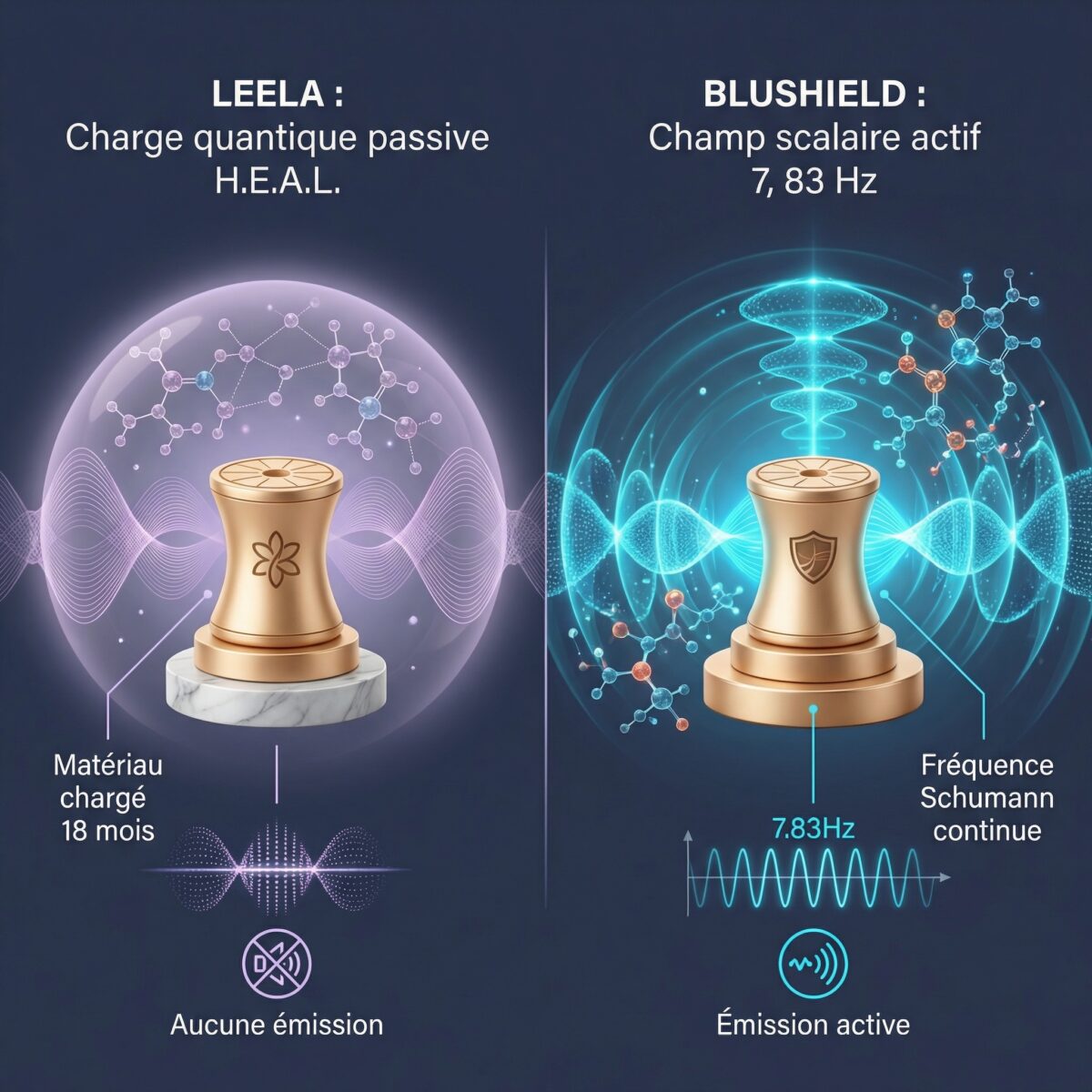 Comparaison des technologies : charge quantique passive Leela versus champ scalaire actif Blushield