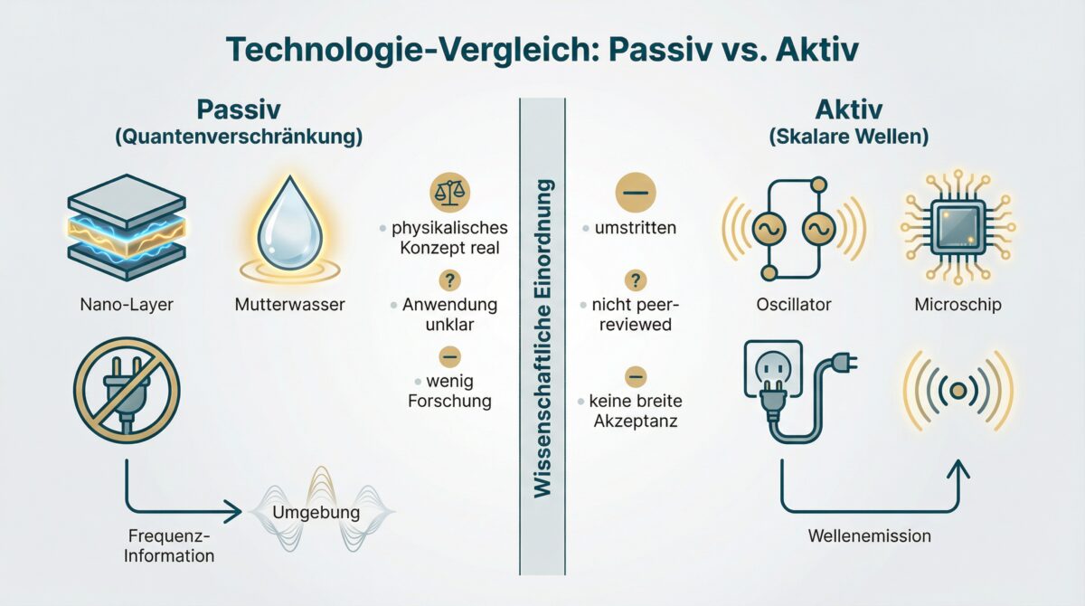 „Diagramm, das passiven Quantenansatz (Leela) und aktive skalare Wellen (Blushield) als Prozessgrafik gegenüberstellt.“