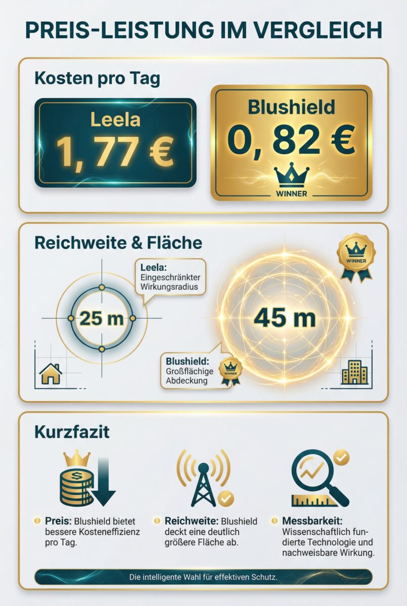 „Infografik zum Preis-Leistungs-Vergleich: Kosten pro Tag, Reichweite/Fläche und Kurzfazit für Leela vs. Blushield.“