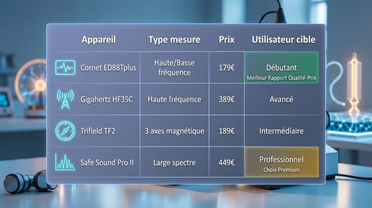 Tableau comparatif des appareils de mesure CEM recommandés : prix, précision et usage