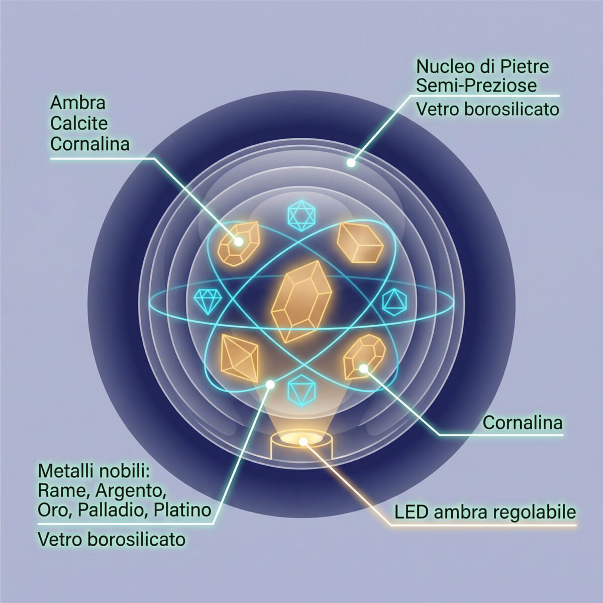 Composizione pietre semi-preziose Somavedic Amber: ambra, calcite, cornalina