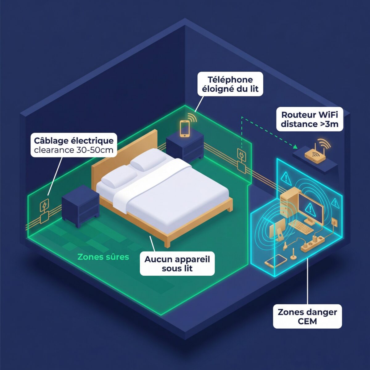 Plan d'optimisation CEM de la chambre : distances de sécurité et positionnement optimal des appareils