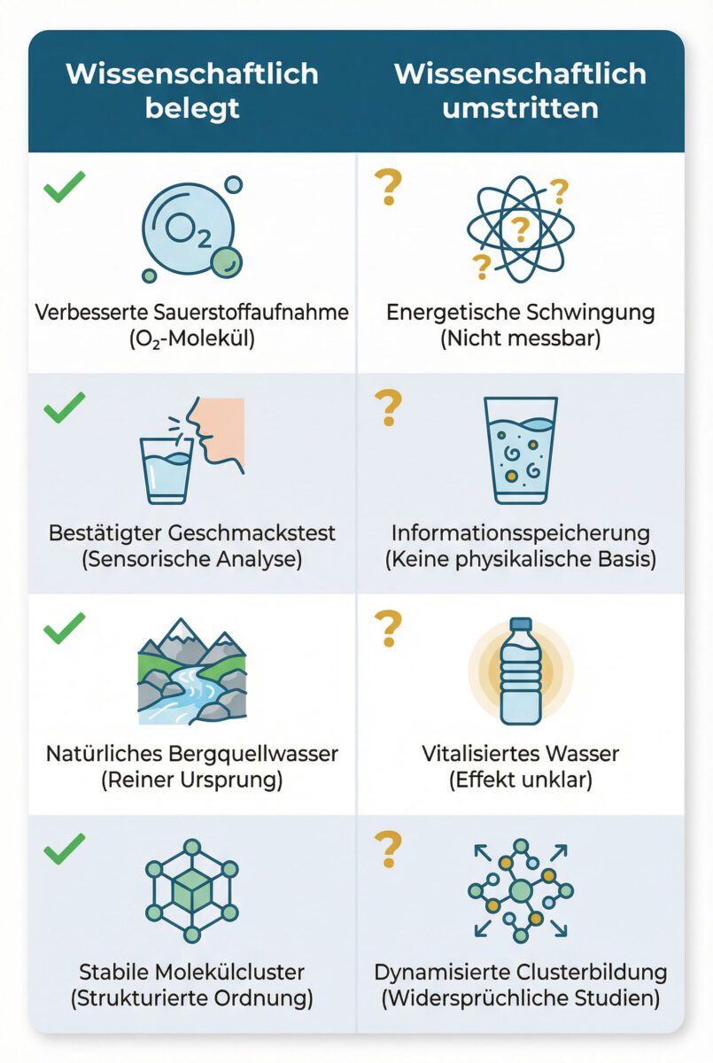 Vergleichstabelle wissenschaftlich belegte versus umstrittene Wirkungen der Wasserverwirbelung