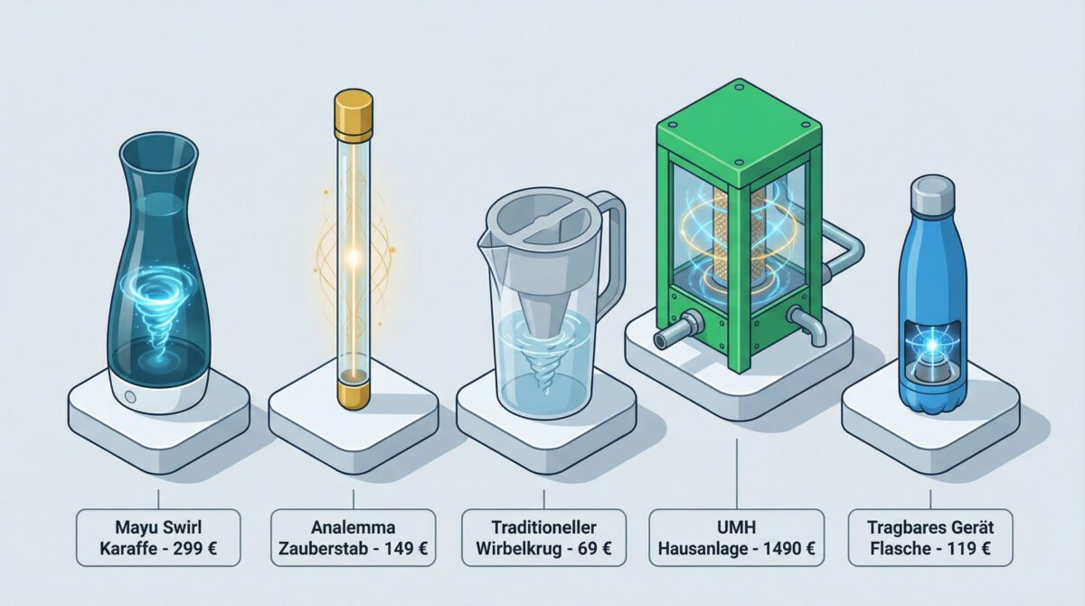 Isometrischer Vergleich verschiedener Wasserstrukturierungsgeräte: Mayu Swirl, Analemma, UMH und Alternativen