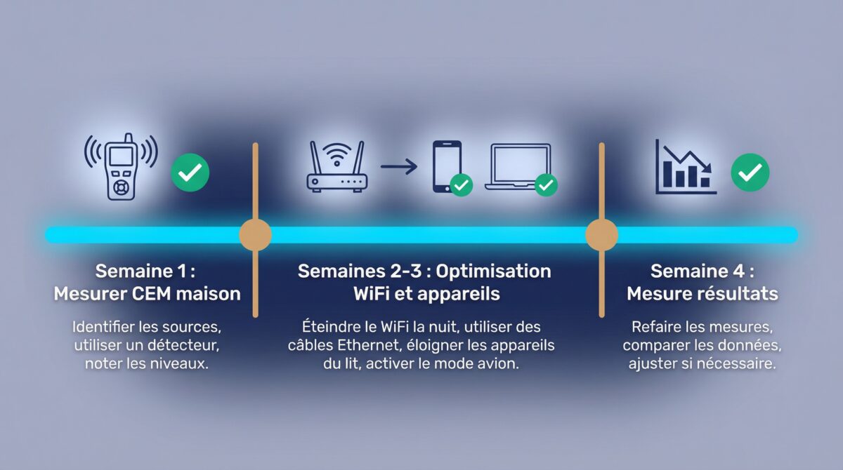 Plan d'action sur 30 jours pour protection CEM maison : mesure, optimisation et vérification des résultats