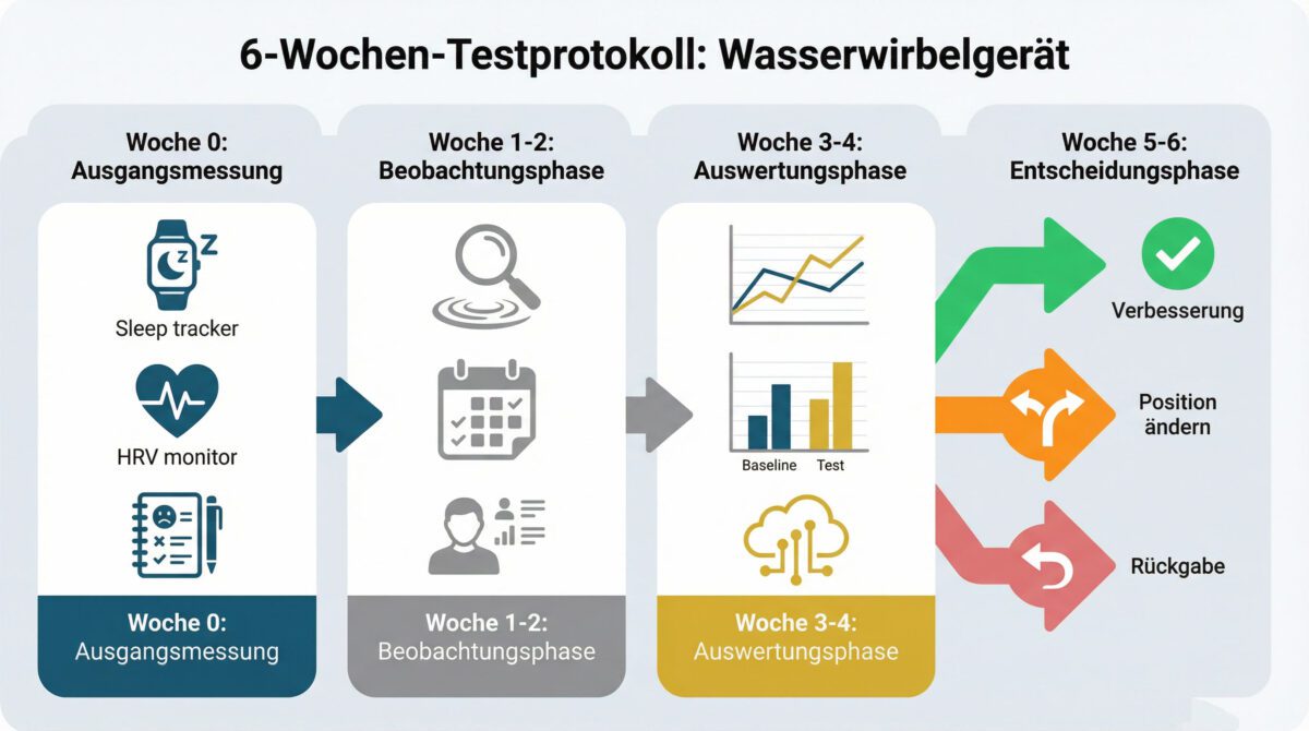6-Wochen-Testprotokoll Timeline mit Baseline-Messung, Beobachtungsphase und Ergebnisbewertung für Wasserverwirbler