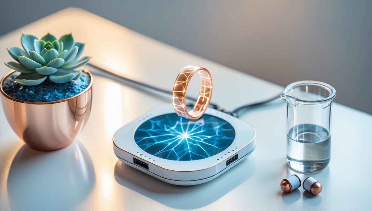 مكتب أبيض بسيط من الأعلى مع خاتم Oura وسوار تتبع اللياقة وكبسولة نحاسية وكأس ماء ونبات صغير