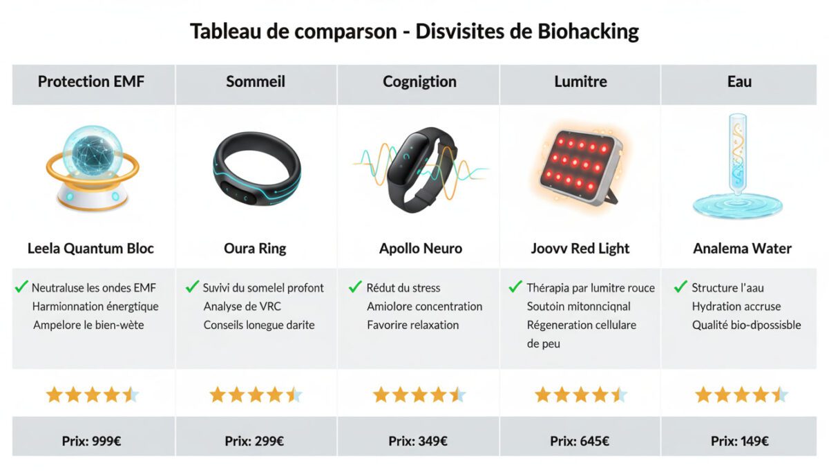 Tableau comparatif des meilleurs dispositifs de biohacking 2026 avec caractéristiques, évaluations et prix par catégorie technologique