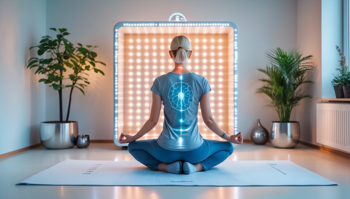 Personne utilisant un appareil de luminothérapie rouge pour l'optimisation biologique dans un environnement domestique moderne et minimaliste