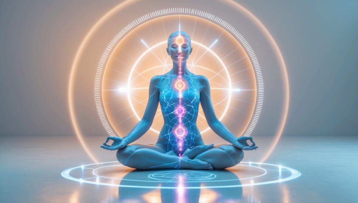 Visualisation artistique du champ bioénergétique humain montrant méridiens, points énergétiques et géométrie sacrée dans un style scientifique moderne