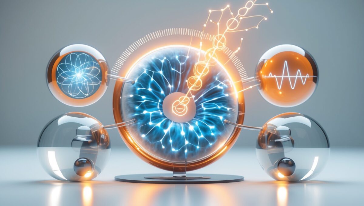 تصور ثلاثي الأبعاد للميتوكوندريا من الزجاج المصنفر مع جزيئات ATP النحاسية المتوهجة وأربع كرات شفافة تحتوي على شبكة عصبية، DNA، ومنحنى نمو