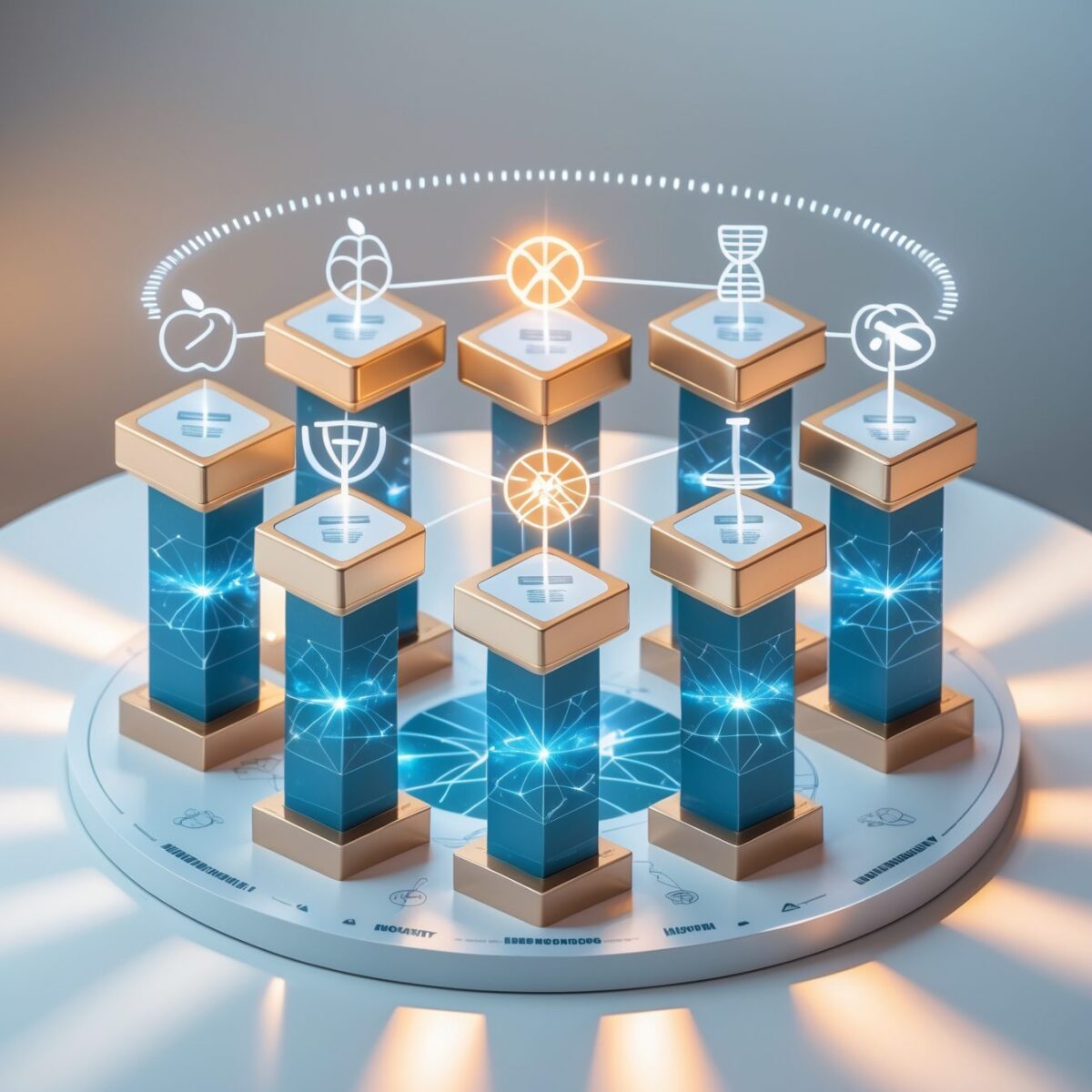 Illustrazione isometrica dei 7 pilastri del biohacking: nutrizione, sonno, movimento, cognizione, ambiente, ormoni e longevità interconnessi