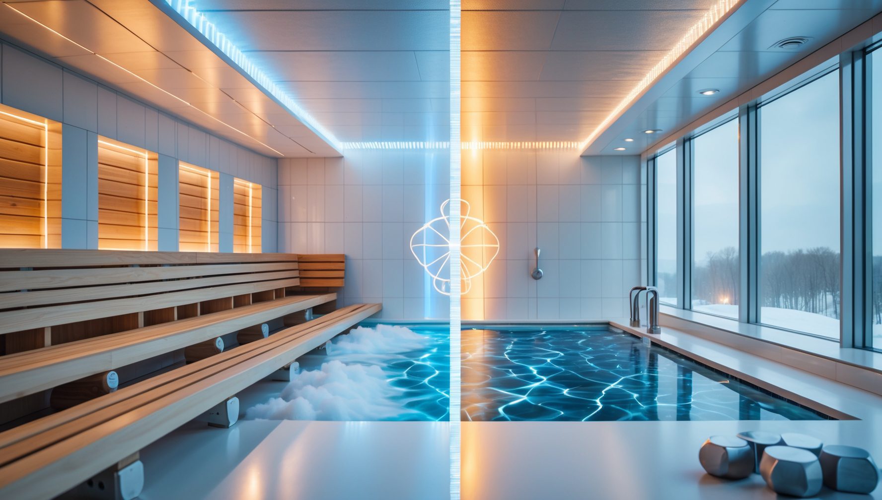 Composizione split-screen che mostra terapia del contrasto: sauna finlandese calda su un lato e vasca di immersione fredda sull'altro