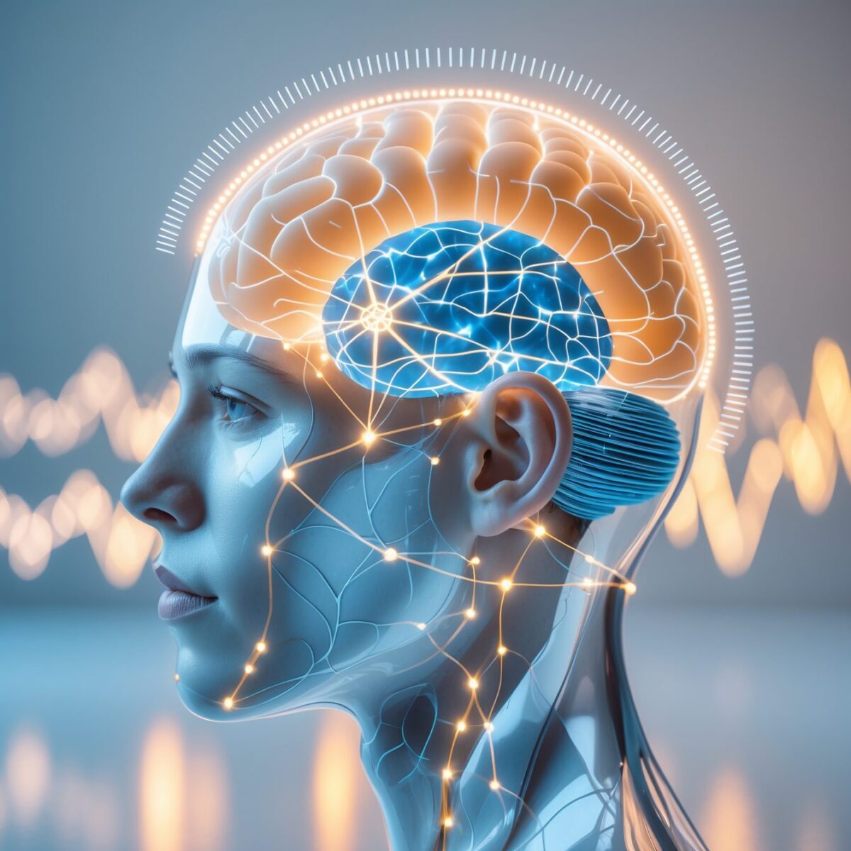 Visualizzazione scientifica del neurofeedback che mostra il cervello umano con sensori EEG, reti neurali attive e pattern di onde cerebrali