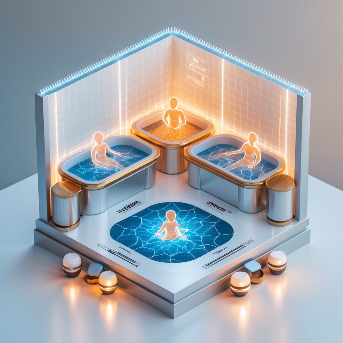 Illustration isométrique présentant quatre méthodes de récupération pour le biohacking : cryothérapie, sauna, HIIT et massage