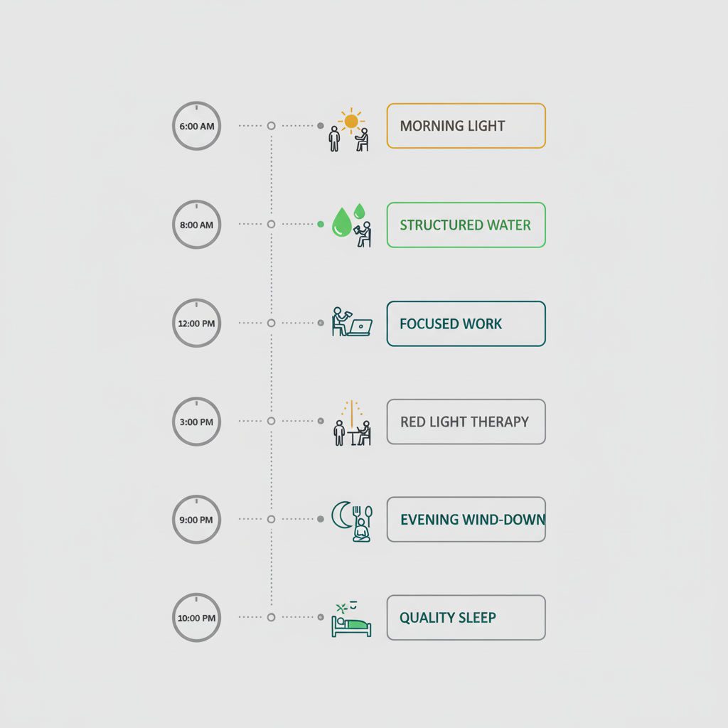 Línea de tiempo infográfica de protocolo diario de biohacking con actividades optimizadas por hora