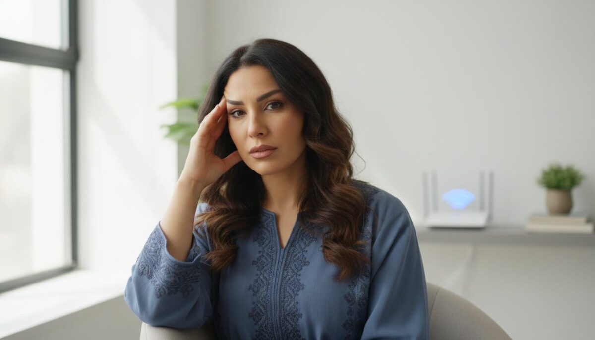 امرأة عربية تجلس في غرفة مشرقة وتضع يدها على رأسها بتعبير مدروس