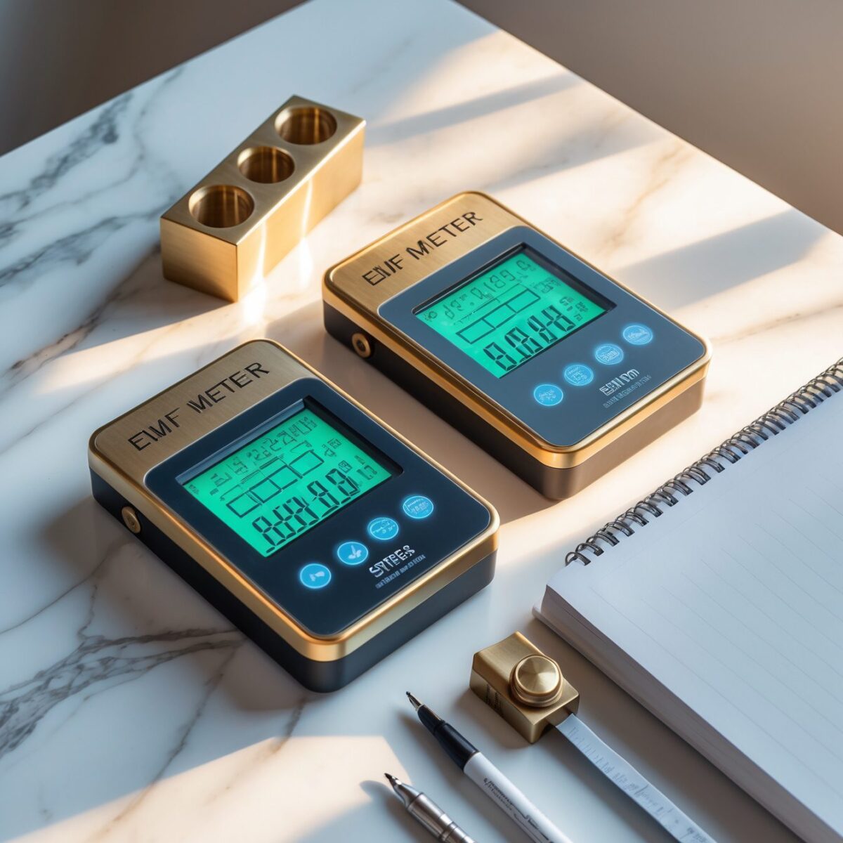 جهازا قياس EMF احترافيان على سطح رخامي أبيض مع شاشات LCD خضراء