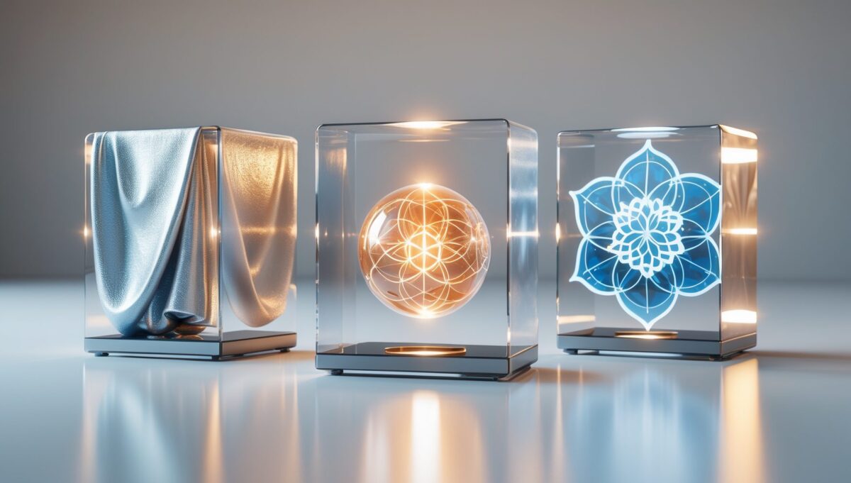 ثلاثة مكعبات زجاجية تحتوي على نسيج فضي وكرة نحاسية مضيئة وماندالا هندسية