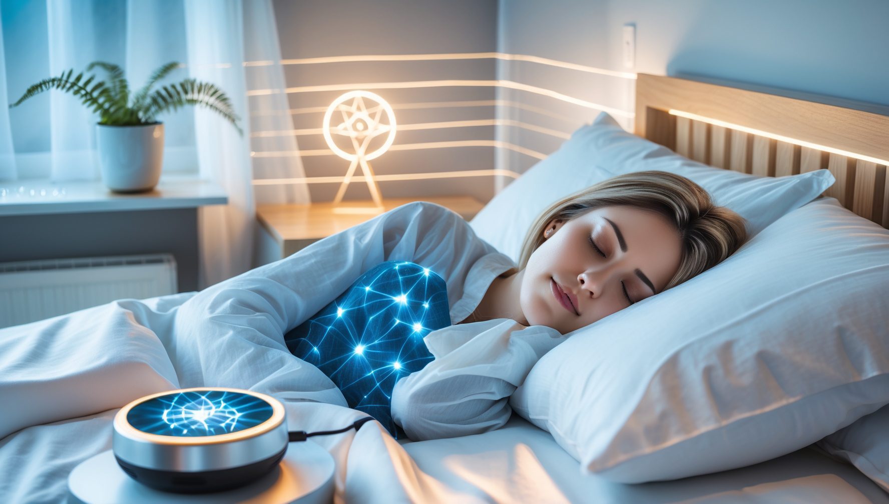 Camera da letto serena di notte con persona che dorme pacificamente e dispositivo quantistico sul comodino