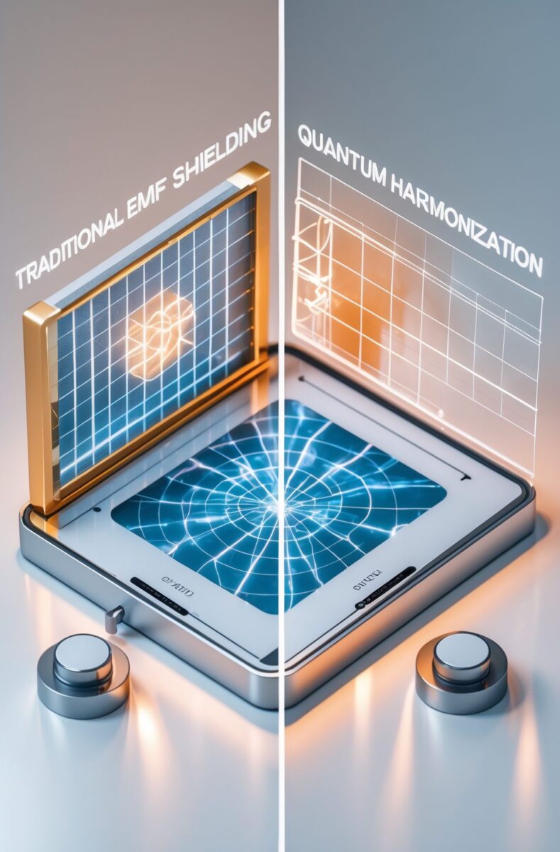 Infografica che confronta la schermatura EMF tradizionale con l'armonizzazione quantistica dei dispositivi moderni