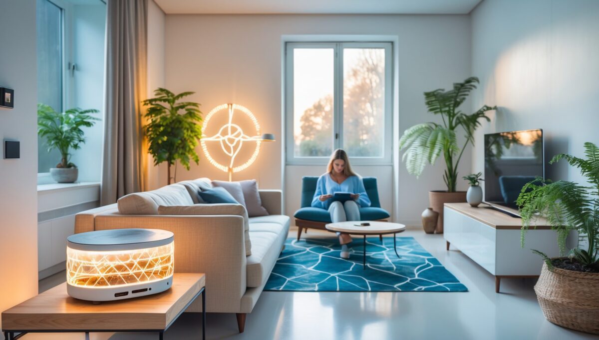 Interno casa moderna italiana con dispositivo quantistico attivo e persona che si rilassa, lifestyle wellness