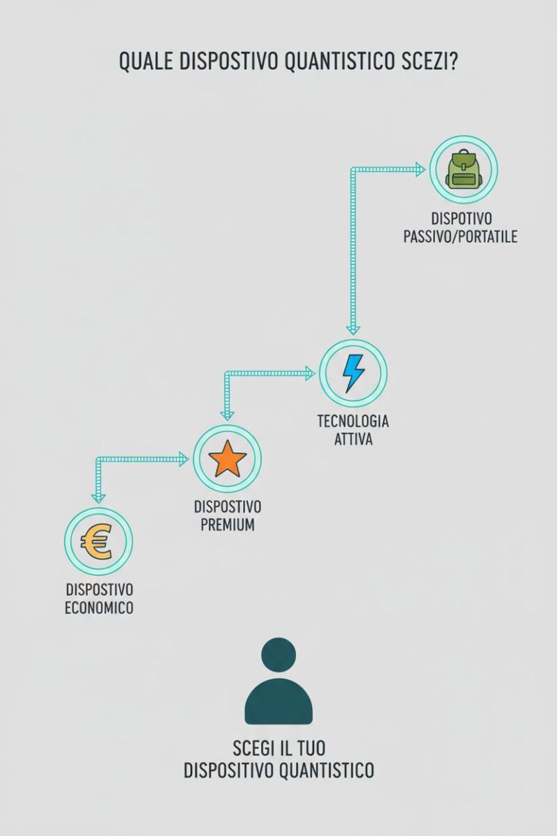 Infografica del framework decisionale per scegliere il dispositivo di energia quantistica giusto in base a budget e esigenze