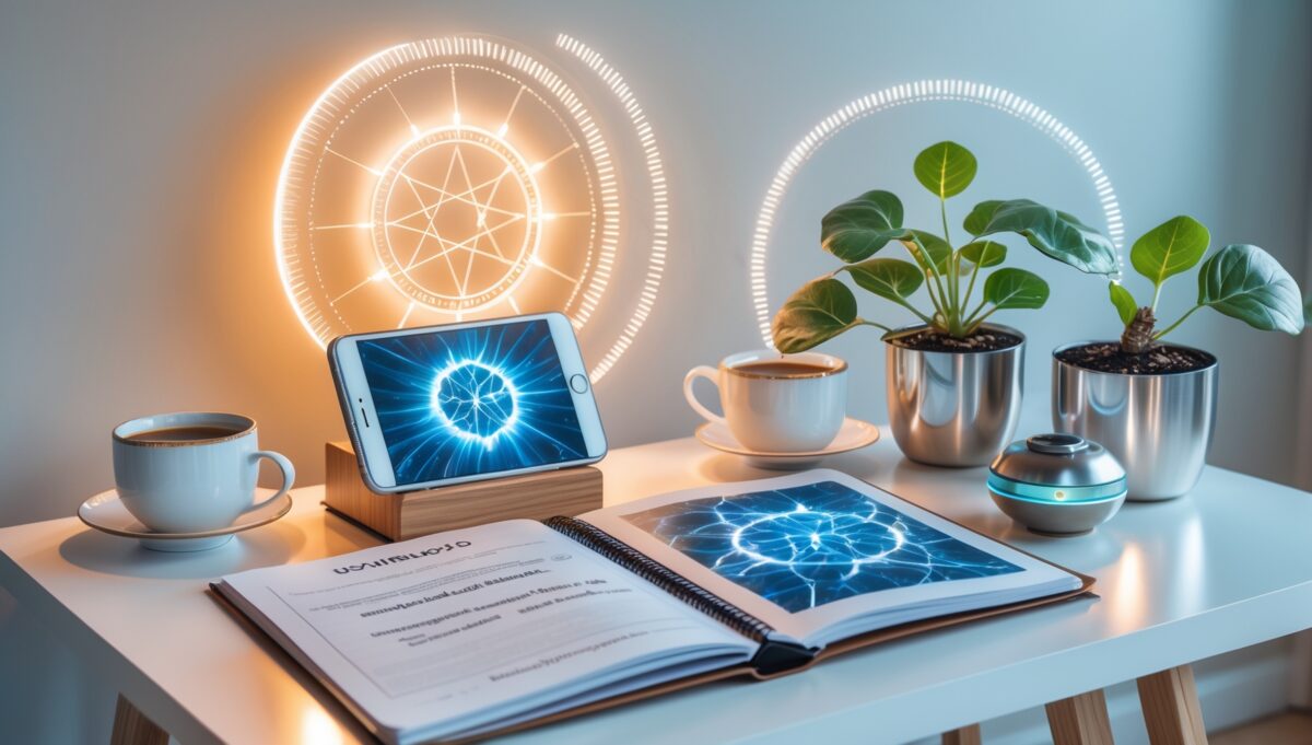 Composition flatlay moderne d'appareils à énergie quantique avec dispositif Somavedic illuminé, carnet de notes, smartphone et plantes vertes sur surface blanche