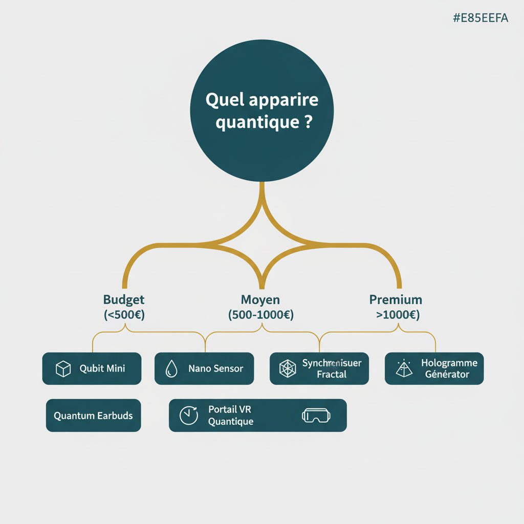 Diagramme de décision en arbre guidant choix d'appareil à énergie quantique selon budget avec trois branches principales et recommandations produits