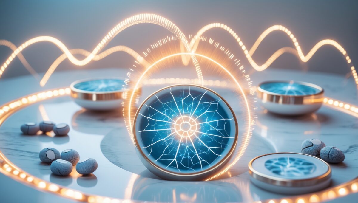 Visualisation microscopique 3D de cellules humaines entourées d'ondes scalaires quantiques dorées sur fond bleu-vert profond avec effet lumineux