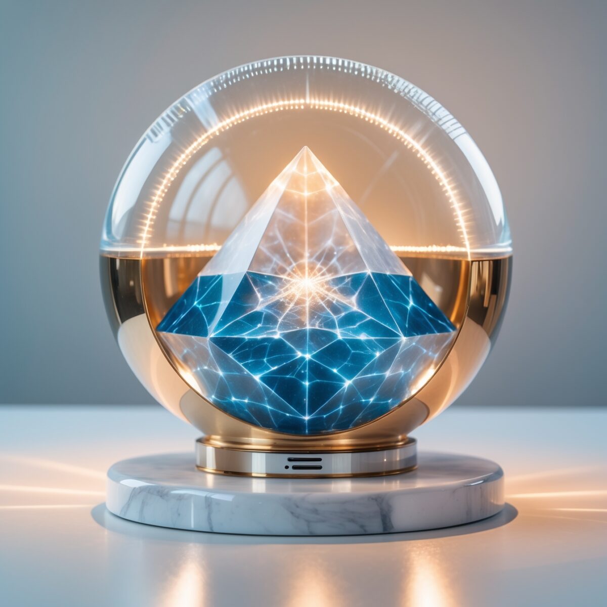 Appareil Somavedic Medic Uran en verre illuminé révélant pierres précieuses internes sur fond dégradé bleu-vert avec éclairage doré chaleureux