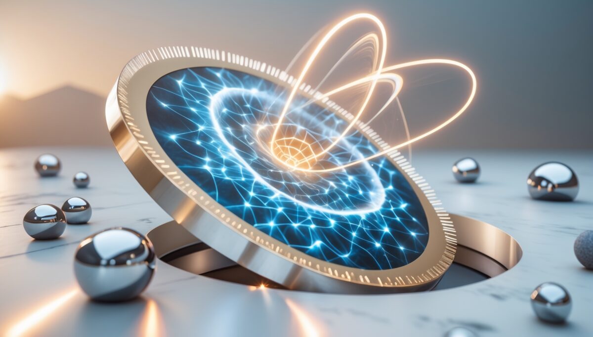 Animation 3D démontrant le processus de charge quantique Leela avec matériau transformé par particules énergétiques dorées tourbillonnantes