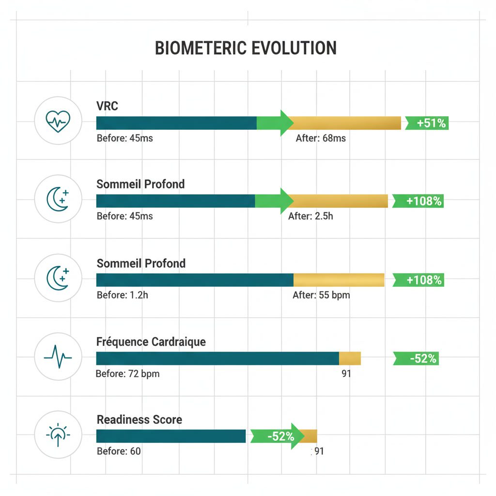 Infographie de données biométriques comparant métriques avant et après utilisation d'appareil quantique avec graphiques barres bleu-vert et or