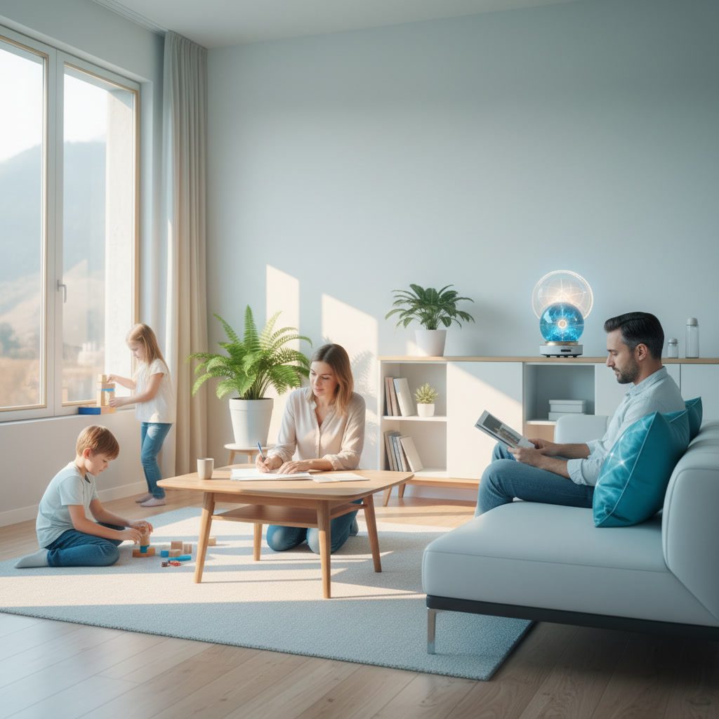 Famille moderne de quatre personnes dans salon lumineux avec appareil Blushield, ambiance paisible et harmonieuse avec lumière naturelle douce
