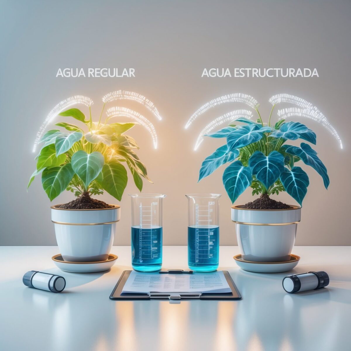 Experimento científico comparando crecimiento de plantas con agua regular versus agua estructurada