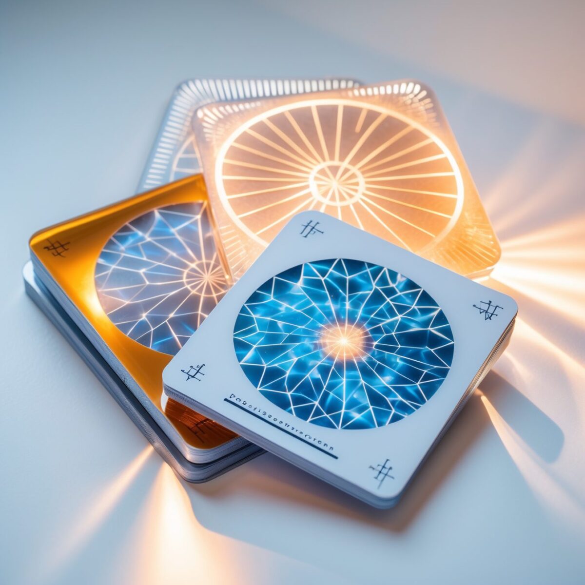 Trois cartes de fréquence translucides disposées en éventail sur surface blanche avec lueur ambrée et bleue.