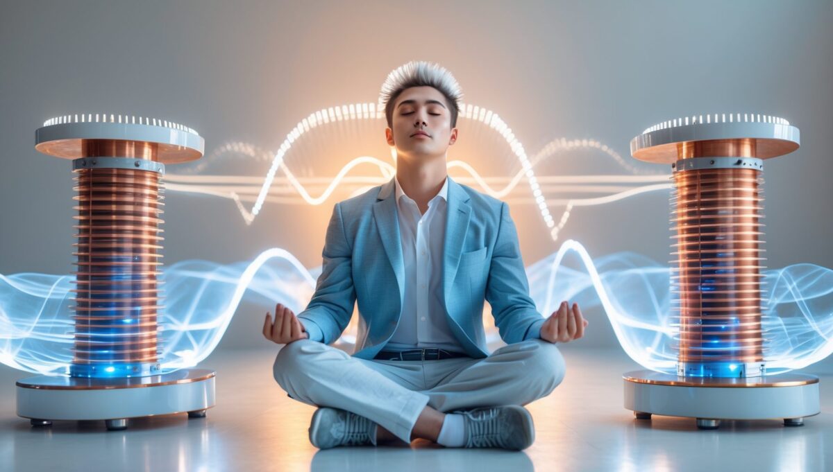 Professionnel méditant en tailleur entre bobines cuivrées avec ondes de fréquence bleues visualisées.